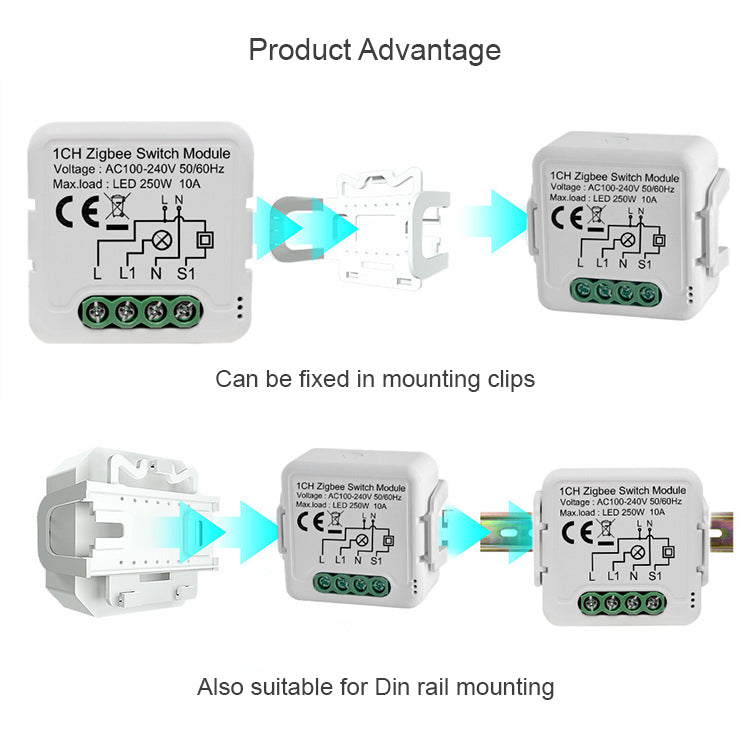 🔌 Mini Smart Switch Module (1-Channel) – Zigbee | Tuya / Smart Life | DIN Rail & Flush Mount