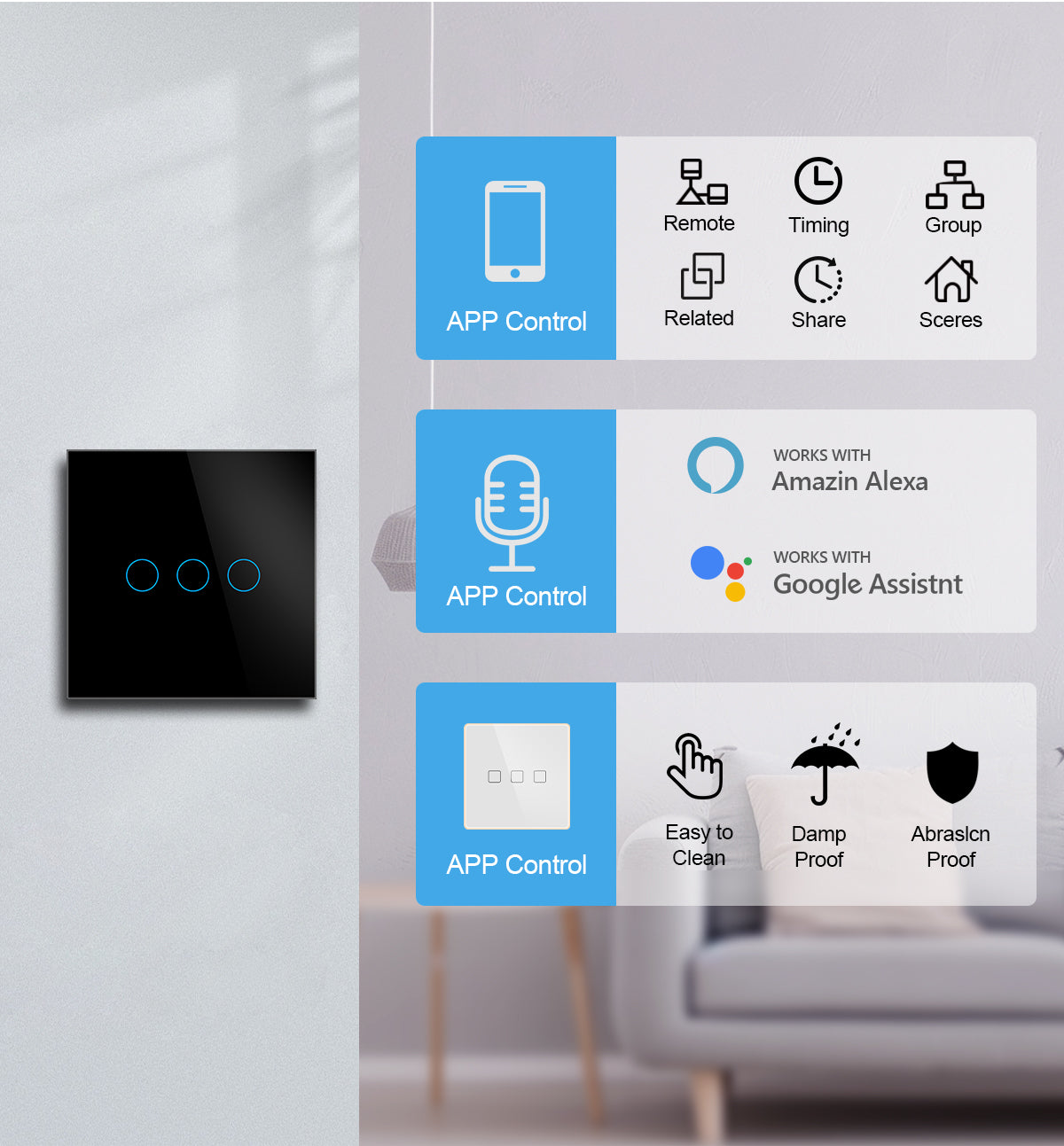 💡 Smart WiFi Light Switch 2-Gang | Tuya Smart Life 📱 | ⚡ 800W | 🖤 Tempered Glass | 🎙️ Alexa &amp; Google