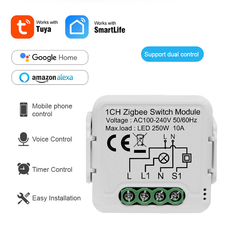 🔌 Mini Smart Switch Module (1-Channel) – Zigbee | Tuya / Smart Life | DIN Rail &amp; Flush Mount